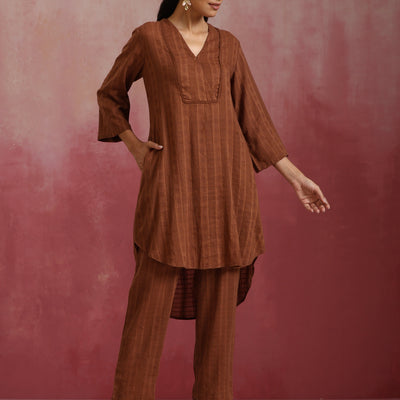 trueBrowns Brown Cotton Dobby Kurta Co-ord set