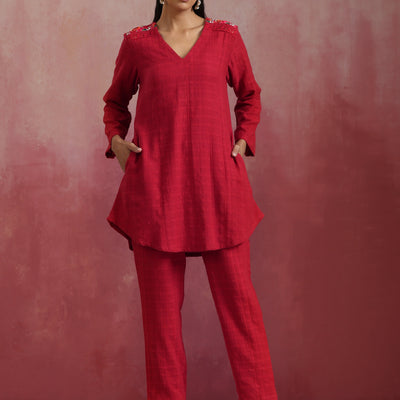 trueBrowns Red Cotton Dobby Co-ord set