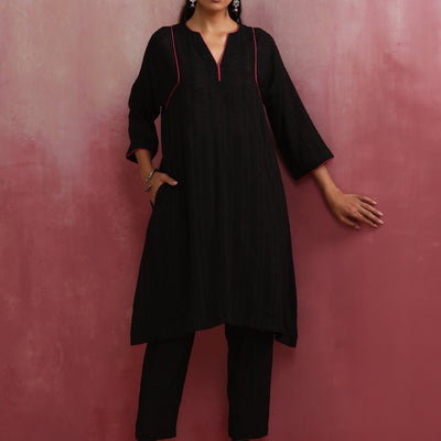 trueBrowns Black Cotton Dobby Kurta Co-ord set