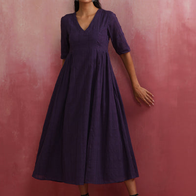 trueBrowns Purple Cotton Dobby Dress