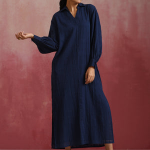 trueBrowns Dark Blue Cotton Dobby Dress