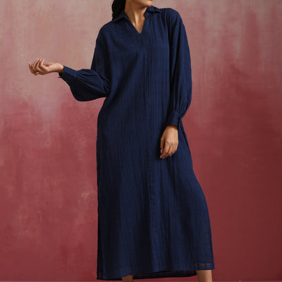 trueBrowns Dark Blue Cotton Dobby Dress