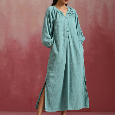 trueBrowns Aqua Blue Cotton Dobby Dress