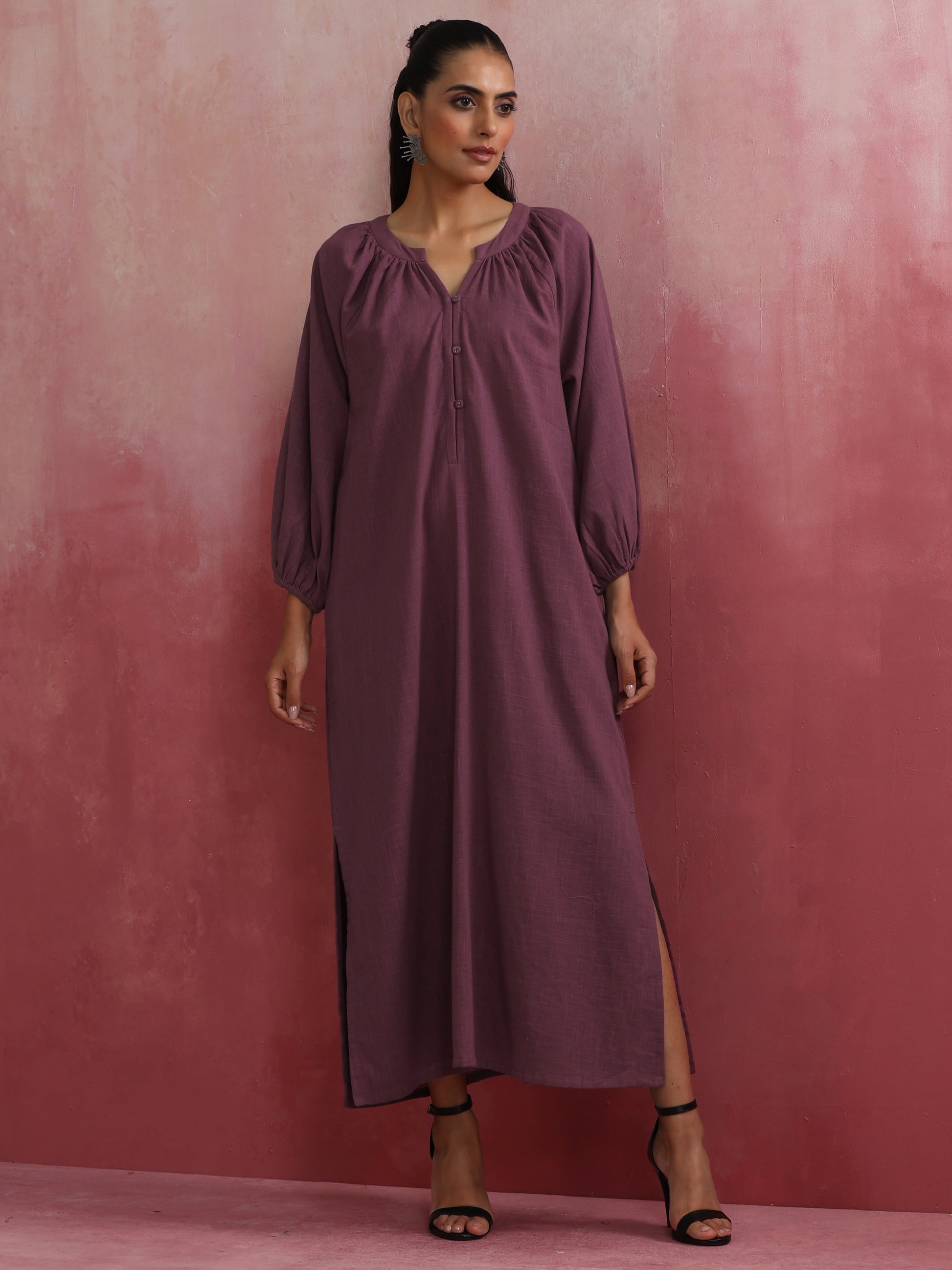trueBrowns Light Purple Cotton Dobby Dress