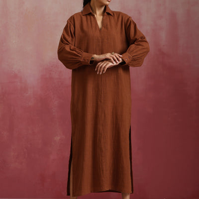 trueBrowns Brown Cotton Dobby Dress