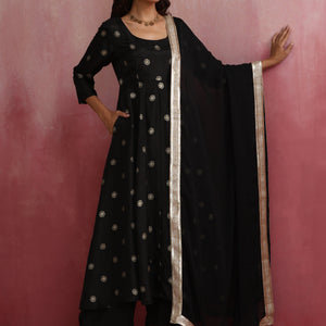 trueBrowns Black Viscose Silk Kurta Dupatta Set