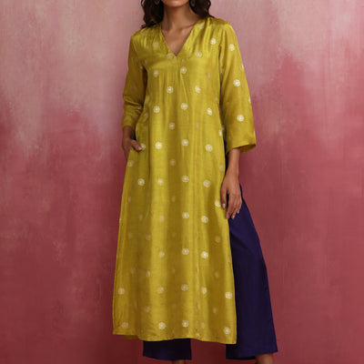 trueBrowns Lime Viscose Silk Kurta Set