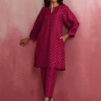 trueBrowns Pink Viscose Silk Kurta Co-ord Set