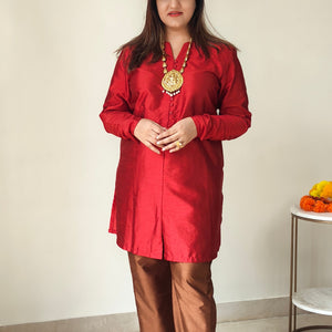trueBrowns Red Silk Kurta Co-ord Set
