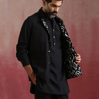 trueBrowns Men's Black Ikat Reversible Nehru Jacket