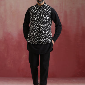 trueBrowns Men's Black Ikat Reversible Nehru Jacket