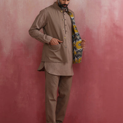 trueBrowns Men's Beige Ikat Reversible  Nehru Jacket