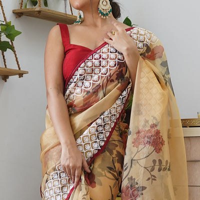 Mustard Yellow Organza Saree