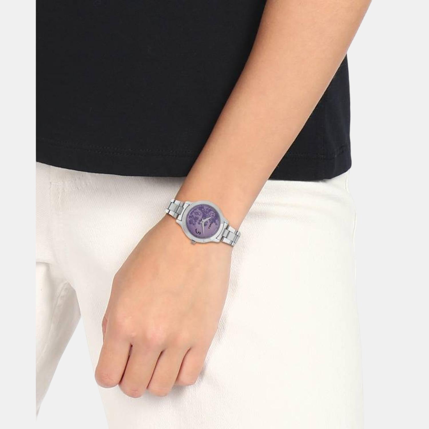 Fashion Women Quartz Purple Dial Analog Stainless Steel Watch TI000T60200