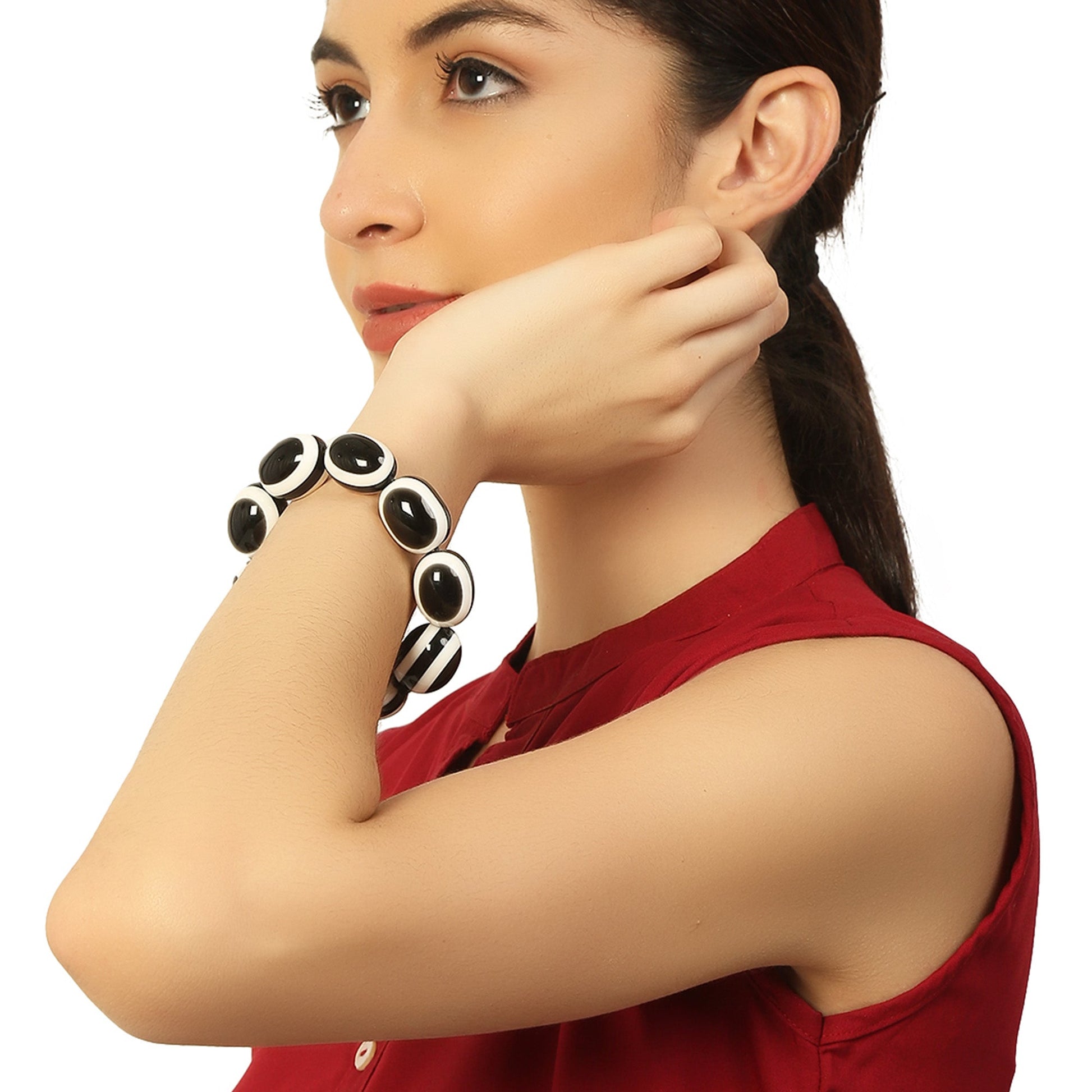 Black & White Stone Stretchable Bracelet by Bamboo Tree Jewels