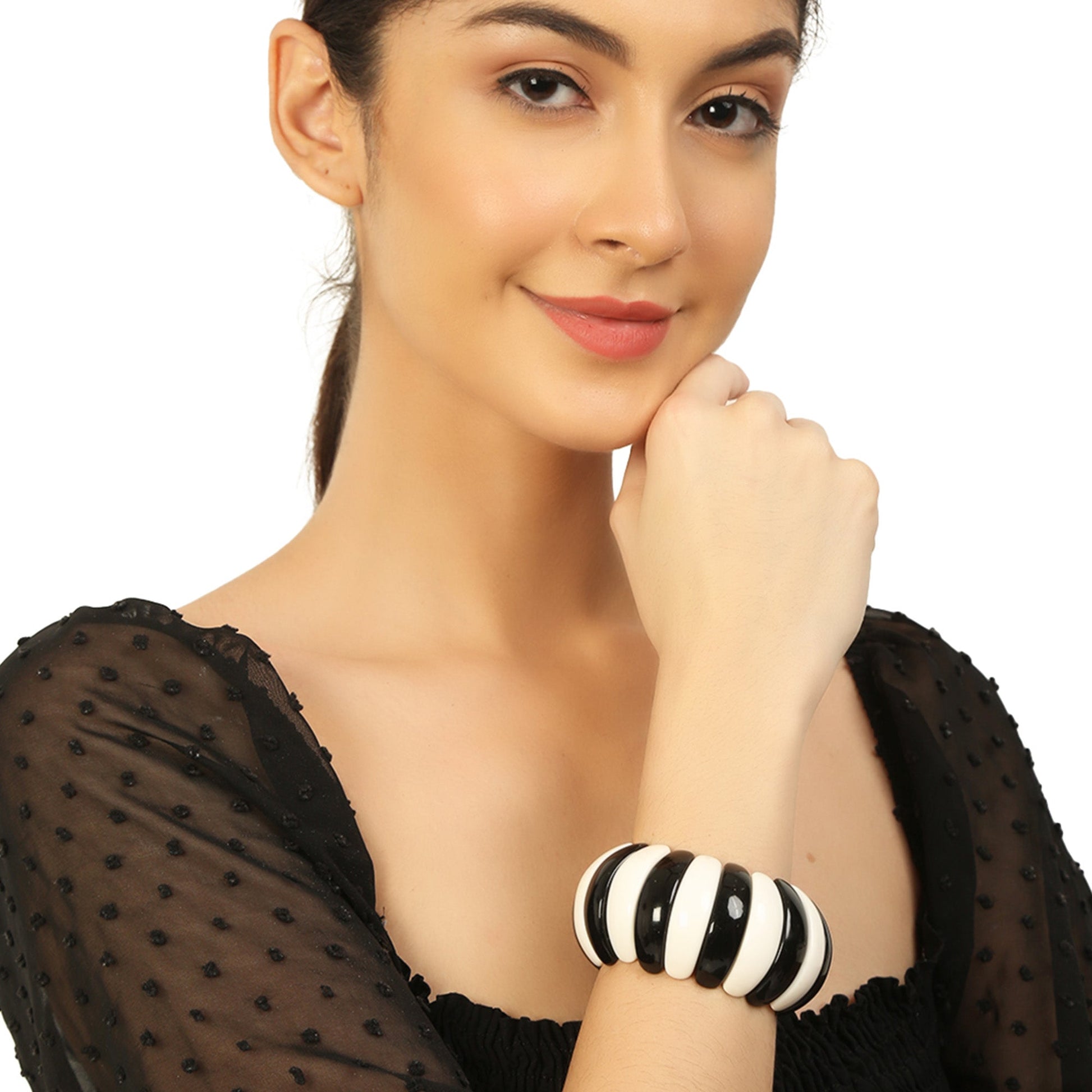 Black & White Beaded Stretchable Bracelet by Bamboo Tree Jewels