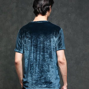 Rare Rabbit Men's Timo Teal Polyester Fabric Crew Neck Half Sleeves Velvet Texture Solid T-Shirt