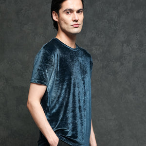 Rare Rabbit Men's Timo Teal Polyester Fabric Crew Neck Half Sleeves Velvet Texture Solid T-Shirt