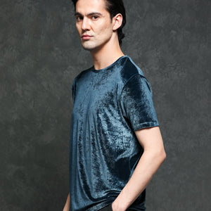 Rare Rabbit Men's Timo Teal Polyester Fabric Crew Neck Half Sleeves Velvet Texture Solid T-Shirt