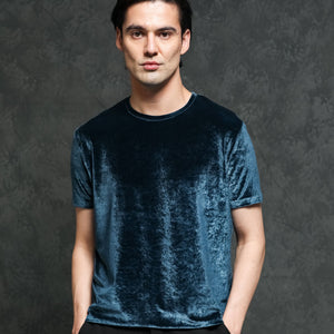 Rare Rabbit Men's Timo Teal Polyester Fabric Crew Neck Half Sleeves Velvet Texture Solid T-Shirt