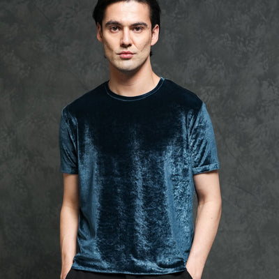 Rare Rabbit Men's Timo Teal Polyester Fabric Crew Neck Half Sleeves Velvet Texture Solid T-Shirt