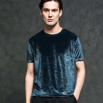 Rare Rabbit Men's Timo Teal Polyester Fabric Crew Neck Half Sleeves Velvet Texture Solid T-Shirt