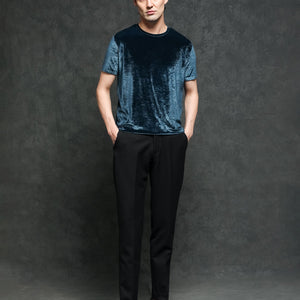 Rare Rabbit Men's Timo Teal Polyester Fabric Crew Neck Half Sleeves Velvet Texture Solid T-Shirt