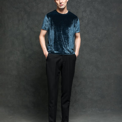 Rare Rabbit Men's Timo Teal Polyester Fabric Crew Neck Half Sleeves Velvet Texture Solid T-Shirt