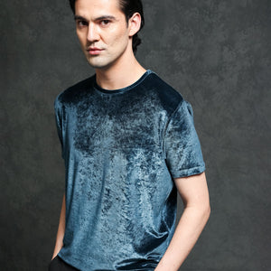 Rare Rabbit Men's Timo Teal Polyester Fabric Crew Neck Half Sleeves Velvet Texture Solid T-Shirt