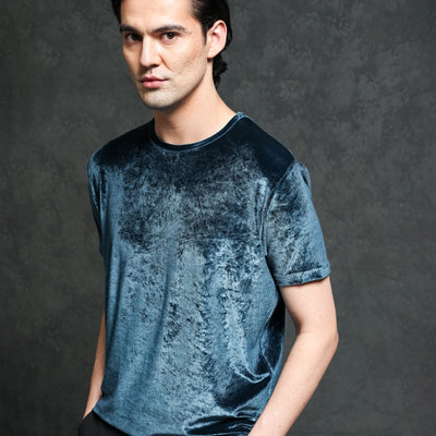Rare Rabbit Men's Timo Teal Polyester Fabric Crew Neck Half Sleeves Velvet Texture Solid T-Shirt