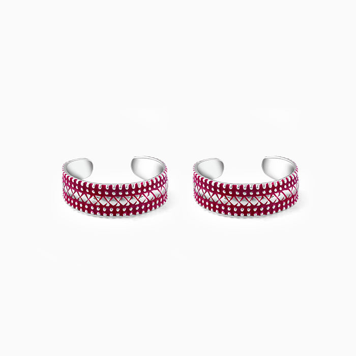 Silver Burgundy Patterned Toe Rings