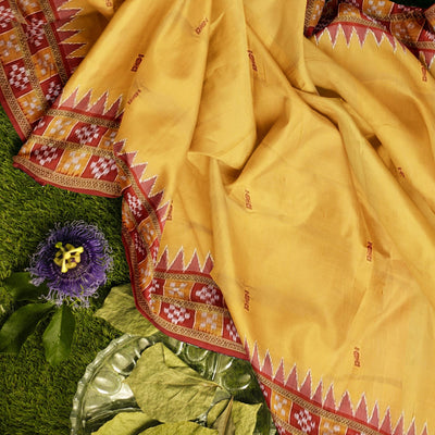 Deep Yellow Double Border Pasapalli Fish Motif Khandua Silk Saree