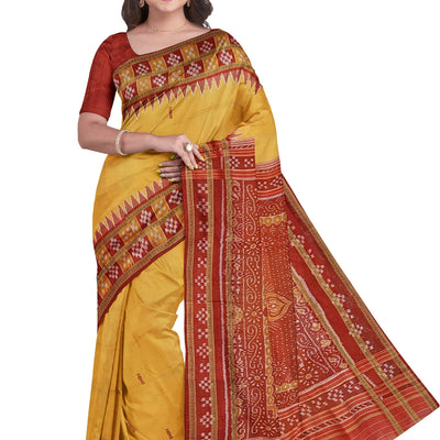 Deep Yellow Double Border Pasapalli Fish Motif Khandua Silk Saree