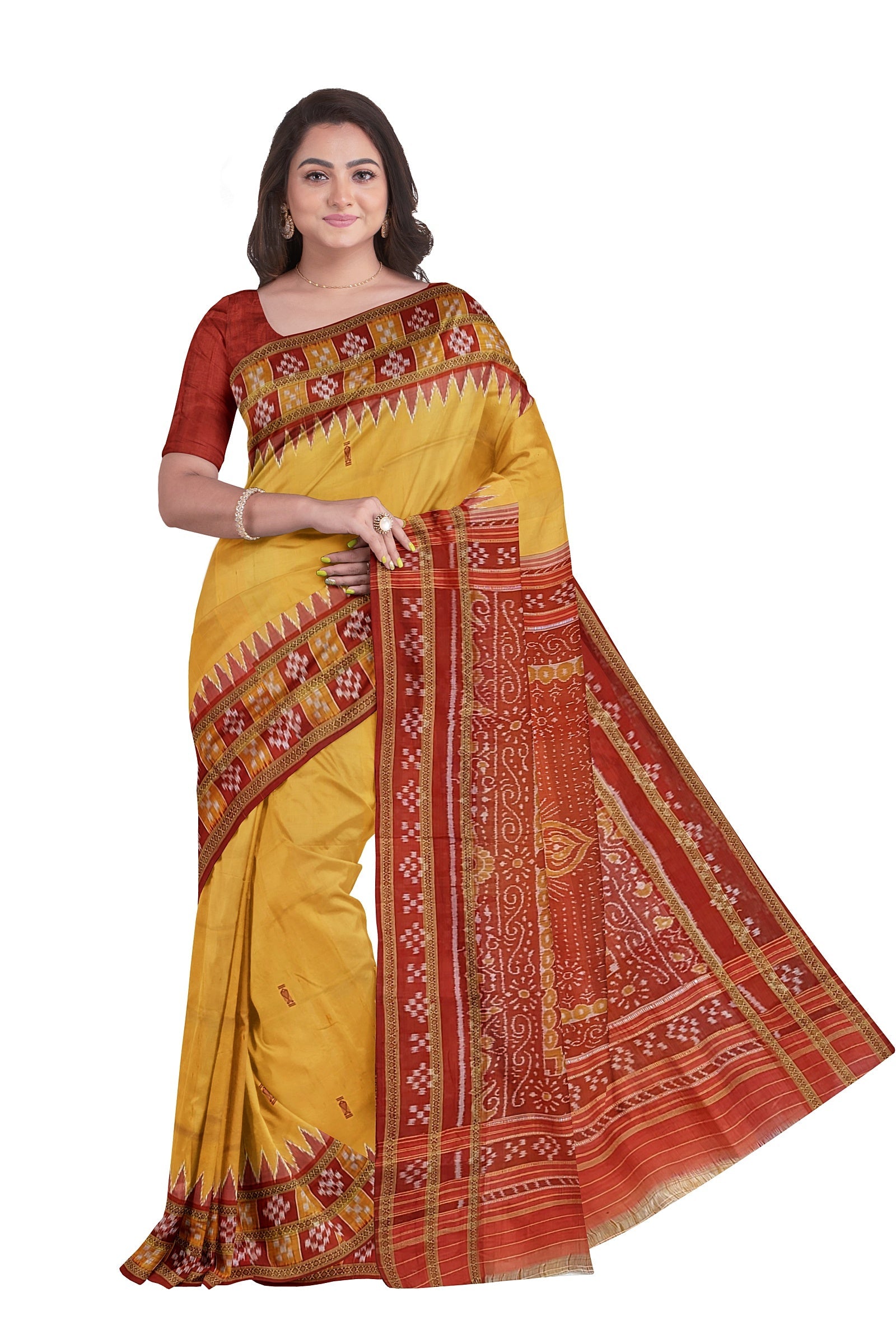 Deep Yellow Double Border Pasapalli Fish Motif Khandua Silk Saree