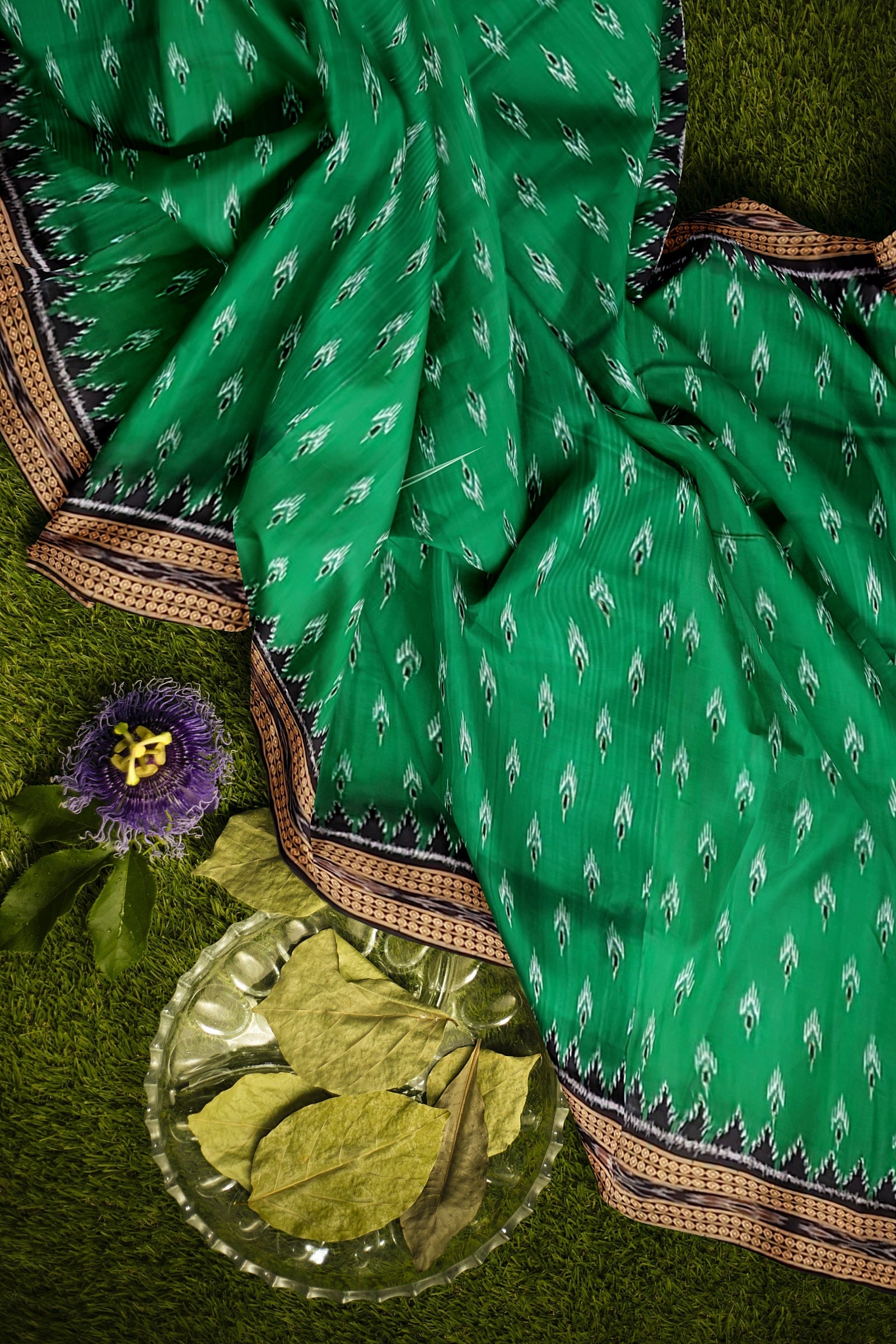 Green Black Mayur Chandrika Khandua Silk Saree