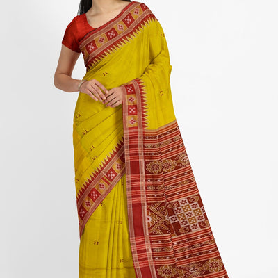 Golden Yellow Pasapali Border Odisha Ikat Khandua Silk Saree