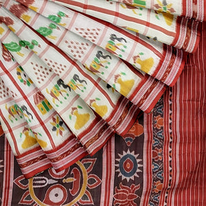 White Nabakothi Jagannath Theme Odisha Ikat Khandua Silk Saree