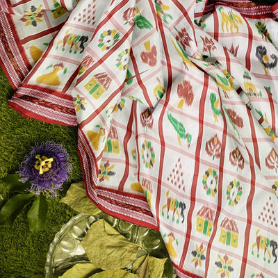 White Nabakothi Jagannath Theme Odisha Ikat Khandua Silk Saree