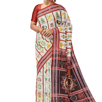 White Nabakothi Jagannath Theme Odisha Ikat Khandua Silk Saree