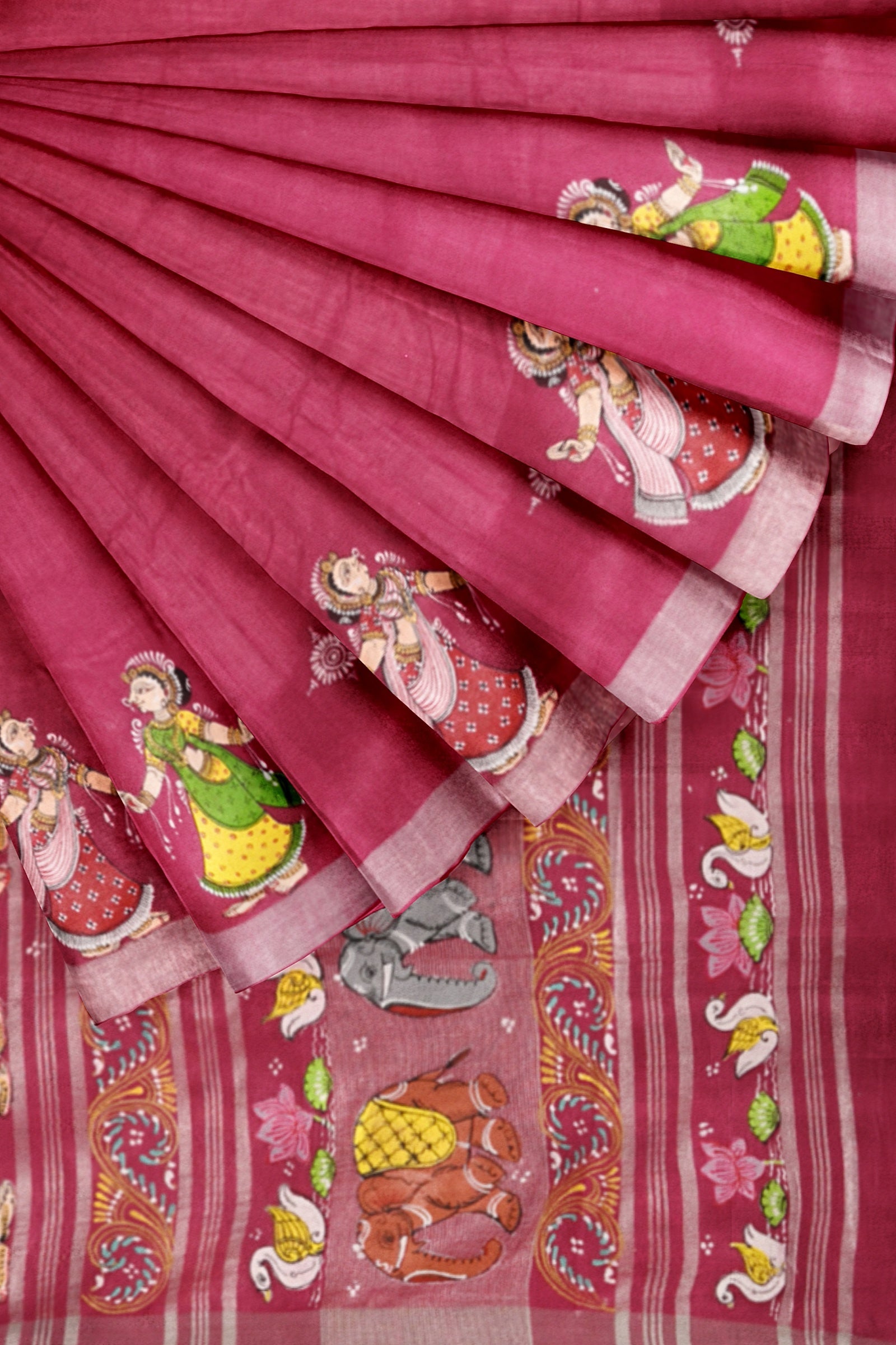 Pink Radha Krishna Raasa Theme Hand-Painted Pattachitra Saree (Pre Order)