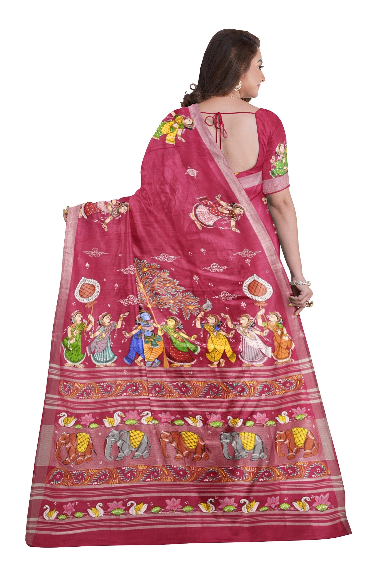 Pink Radha Krishna Raasa Theme Hand-Painted Pattachitra Saree (Pre Order)