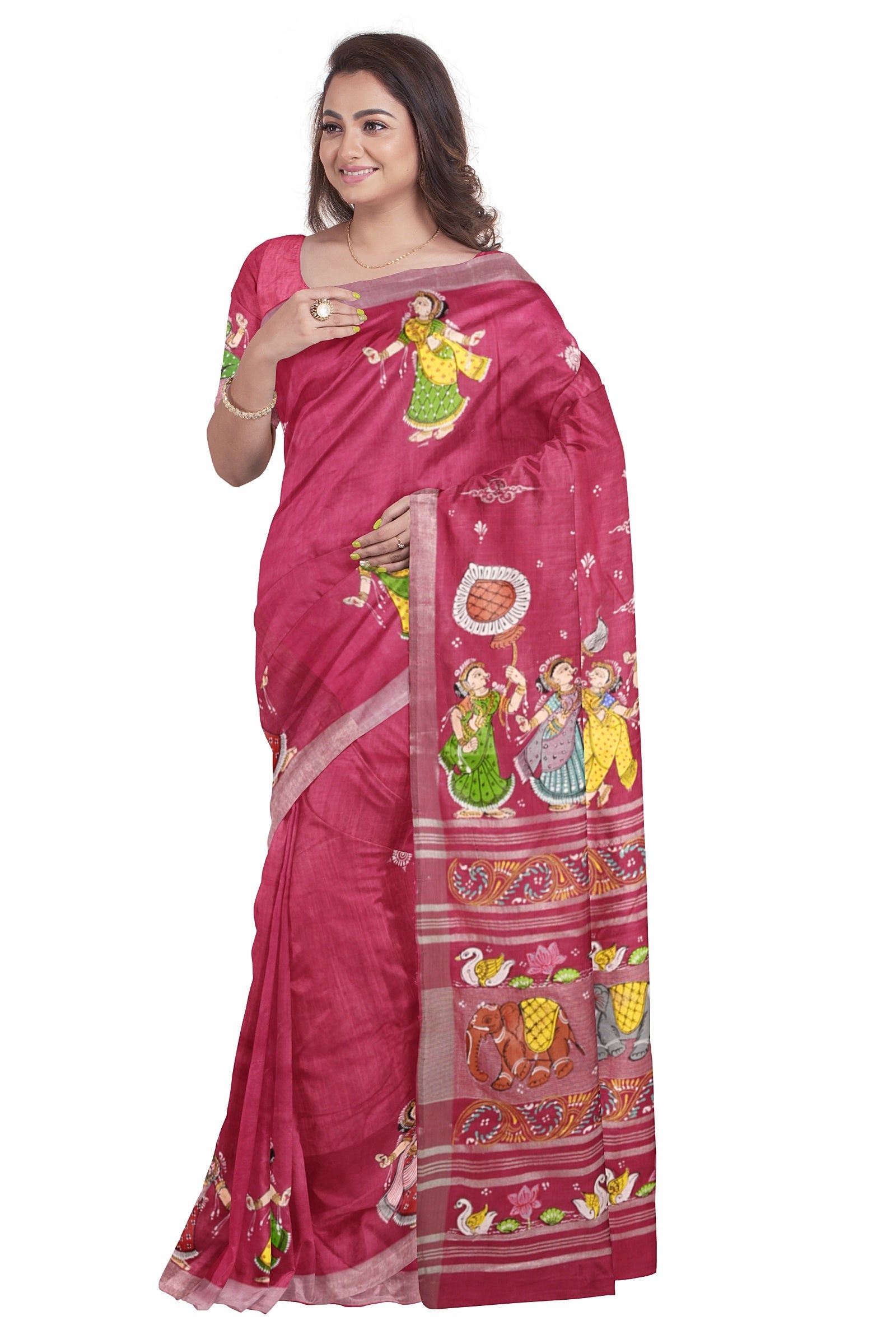 Pink Radha Krishna Raasa Theme Hand-Painted Pattachitra Saree (Pre Order)