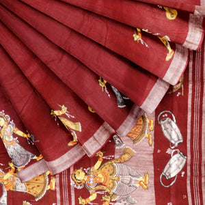 Maroon Nartaki Theme Hand-Painted Pattachitra Saree