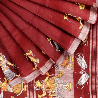 Maroon Nartaki Theme Hand-Painted Pattachitra Saree