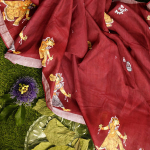 Maroon Nartaki Theme Hand-Painted Pattachitra Saree
