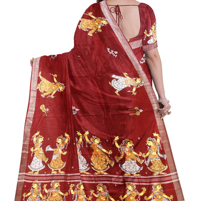 Maroon Nartaki Theme Hand-Painted Pattachitra Saree