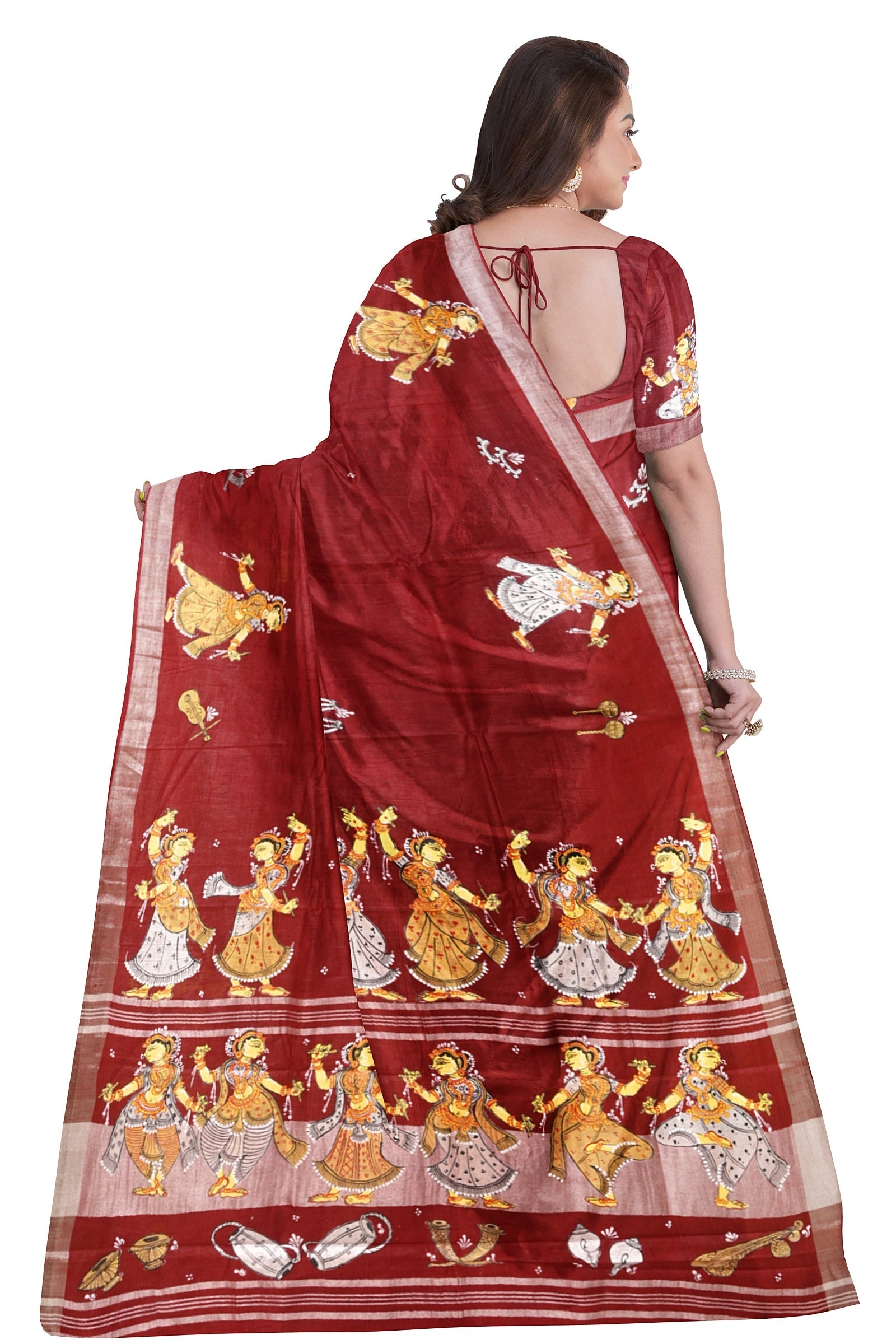 Maroon Nartaki Theme Hand-Painted Pattachitra Saree