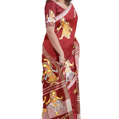 Maroon Nartaki Theme Hand-Painted Pattachitra Saree