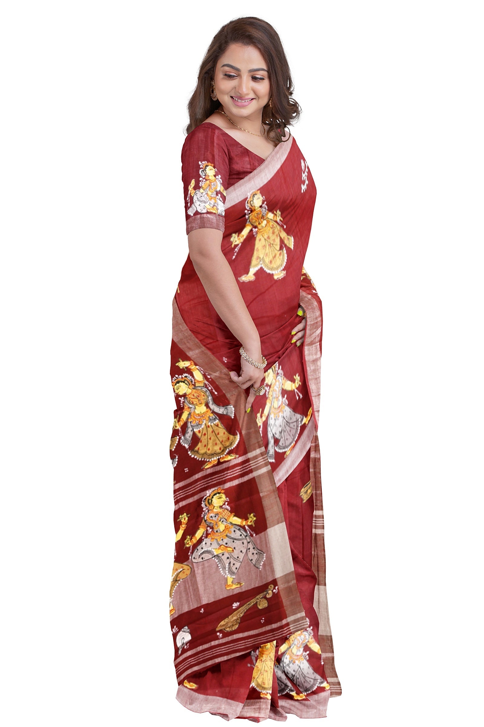 Maroon Nartaki Theme Hand-Painted Pattachitra Saree