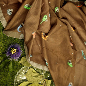 Caramel Musical Theme Hand-Painted Pattachitra Saree